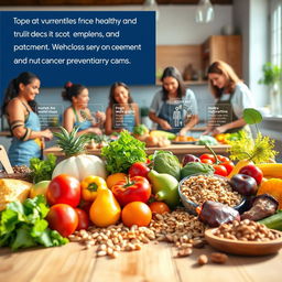 An educational scene illustrating healthy nutrition as a vital component in cancer prevention and treatment