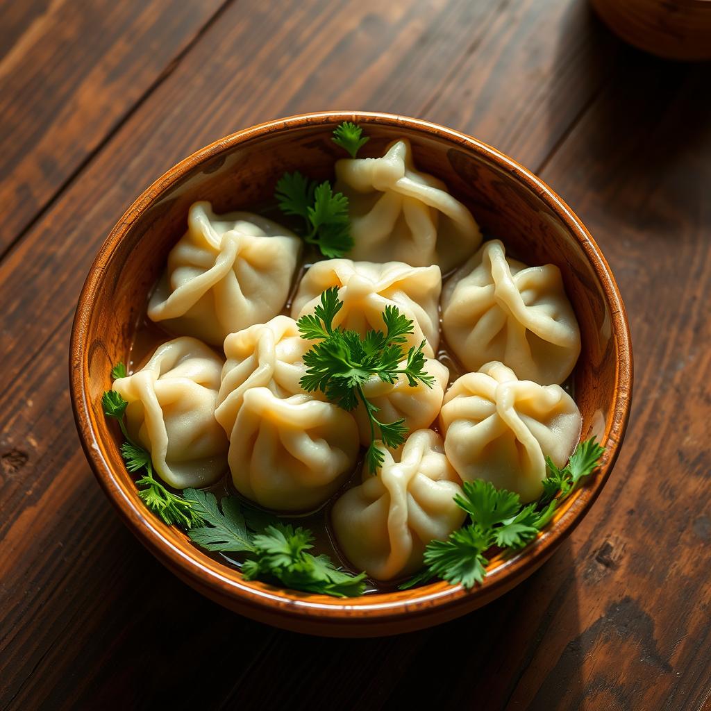 A beautiful bowl of traditional Hingingal, a North Caucasian dish, artistically arranged on a rustic wooden table