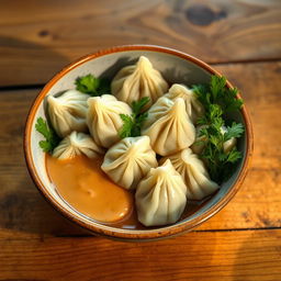 A beautiful bowl of traditional Hingingal, a North Caucasian dish, artistically arranged on a rustic wooden table