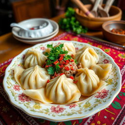 A delicious and colorful bowl of Хьингал, a traditional dish known for its unique dumplings filled with savory meat and seasoned vegetables