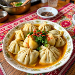 A delicious and colorful bowl of Хьингал, a traditional dish known for its unique dumplings filled with savory meat and seasoned vegetables