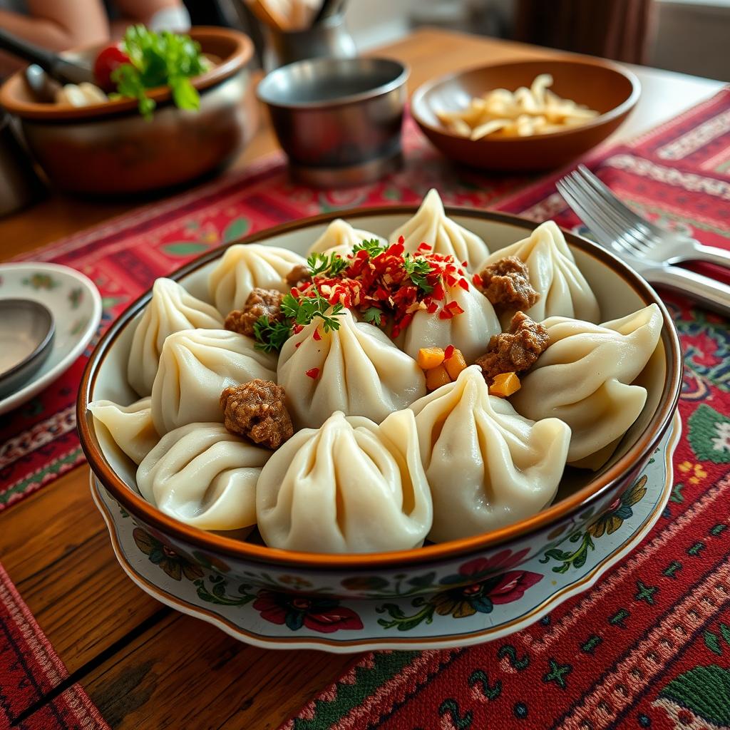 A delicious and colorful bowl of Хьингал, a traditional dish known for its unique dumplings filled with savory meat and seasoned vegetables