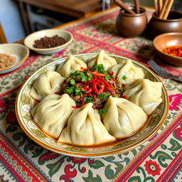 A delicious and colorful bowl of Хьингал, a traditional dish known for its unique dumplings filled with savory meat and seasoned vegetables