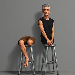 A digital, realistic illustration depicting two men sitting on metal stools