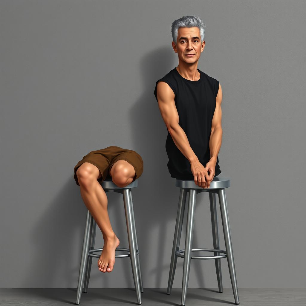 A digital, realistic illustration depicting two men sitting on metal stools
