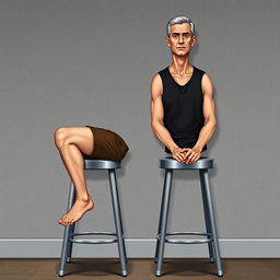 A digital, realistic illustration depicting two men sitting on metal stools