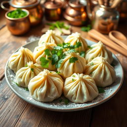 A beautifully arranged dish of khinkali, a traditional Georgian dumpling, showcasing their unique wrinkled appearance and puffy structure