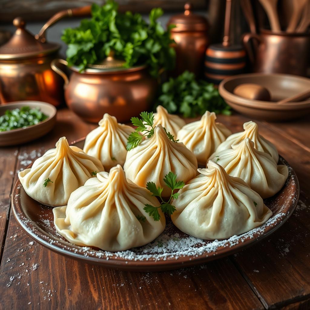 A beautifully arranged dish of khinkali, a traditional Georgian dumpling, showcasing their unique wrinkled appearance and puffy structure