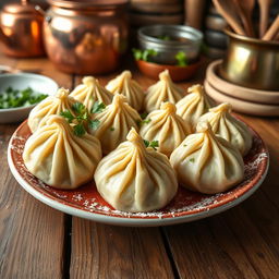 A beautifully arranged dish of khinkali, a traditional Georgian dumpling, showcasing their unique wrinkled appearance and puffy structure