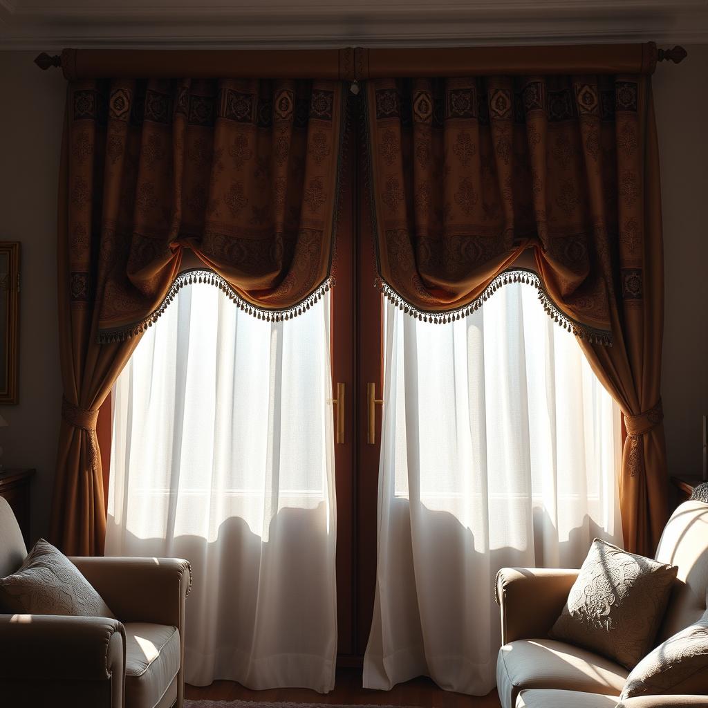 A beautiful and elegant curtain for a living room window, featuring intricate traditional 'chархад' patterns
