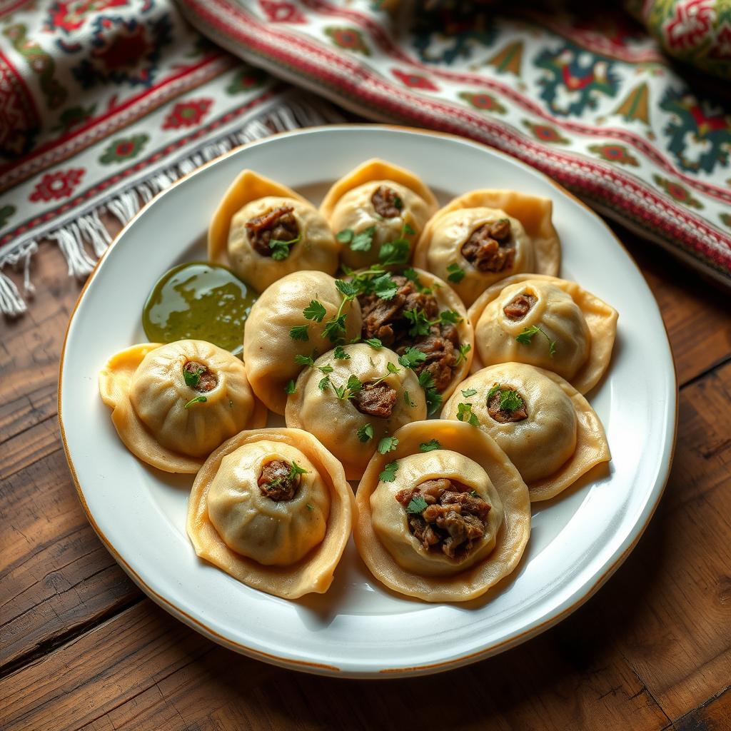 A beautifully arranged plate of Хьингал, a traditional dish from the Caucasus region, featuring round dumplings filled with finely chopped lamb and spices, served on a rustic wooden table