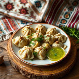 A beautifully arranged plate of Хьингал, a traditional dish from the Caucasus region, featuring round dumplings filled with finely chopped lamb and spices, served on a rustic wooden table