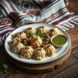A beautifully arranged plate of Хьингал, a traditional dish from the Caucasus region, featuring round dumplings filled with finely chopped lamb and spices, served on a rustic wooden table