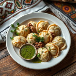 A beautifully arranged plate of Хьингал, a traditional dish from the Caucasus region, featuring round dumplings filled with finely chopped lamb and spices, served on a rustic wooden table