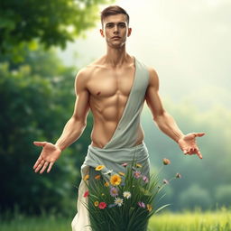 A surreal digital illustration of a man creatively cut in half at the torso, with an emphasis on a natural body theme inspired by the concept of body magic