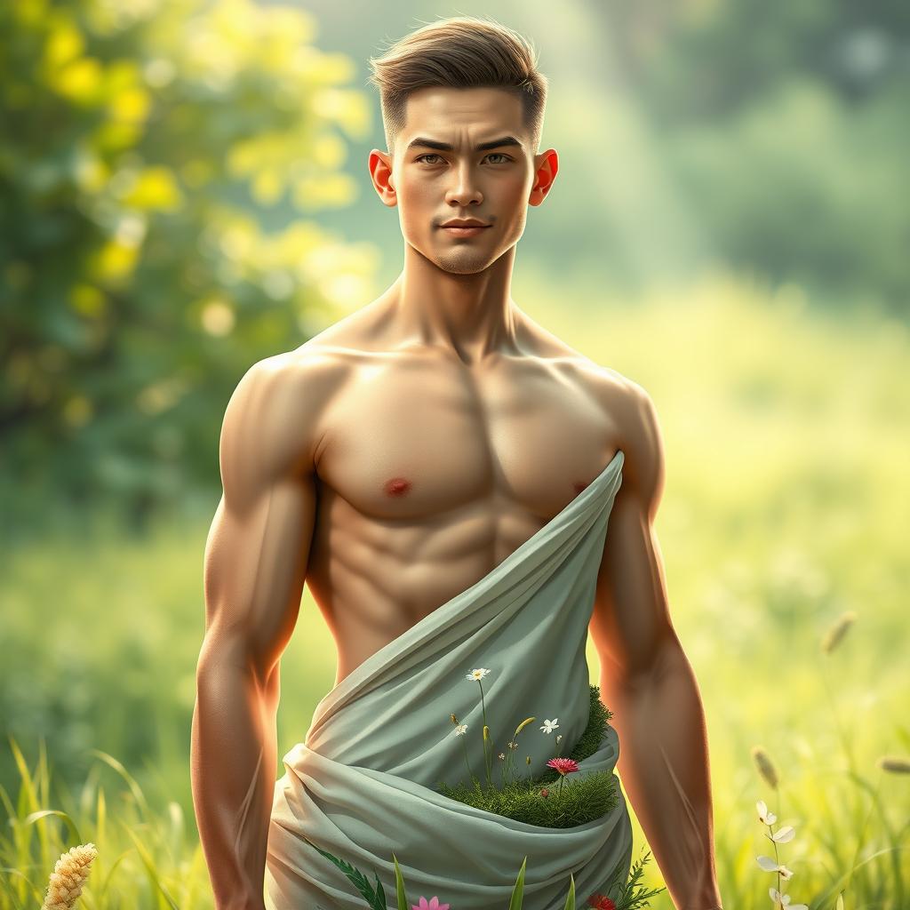 A surreal digital illustration of a man creatively cut in half at the torso, with an emphasis on a natural body theme inspired by the concept of body magic