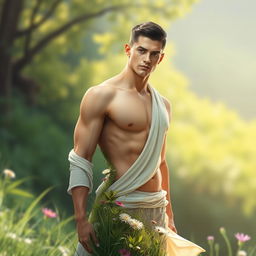 A surreal digital illustration of a man creatively cut in half at the torso, with an emphasis on a natural body theme inspired by the concept of body magic