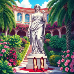 A vibrant and colorful illustration depicting a large garden statue of a Roman goddess, standing gracefully in a luxury resort's lush garden