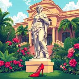 A vibrant and colorful illustration depicting a large garden statue of a Roman goddess, standing gracefully in a luxury resort's lush garden