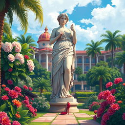 A vibrant and colorful illustration depicting a large garden statue of a Roman goddess, standing gracefully in a luxury resort's lush garden