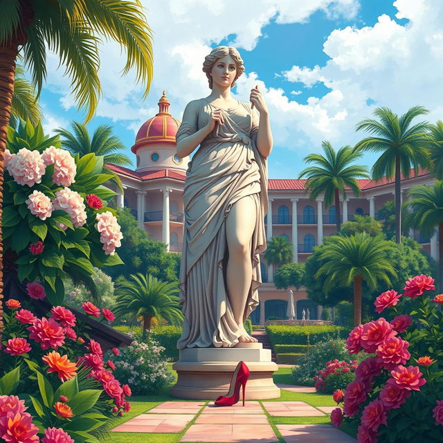 A vibrant and colorful illustration depicting a large garden statue of a Roman goddess, standing gracefully in a luxury resort's lush garden