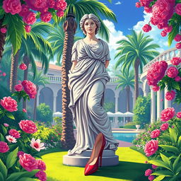A vibrant and colorful illustration depicting a large garden statue of a Roman goddess, standing gracefully in a luxury resort's lush garden