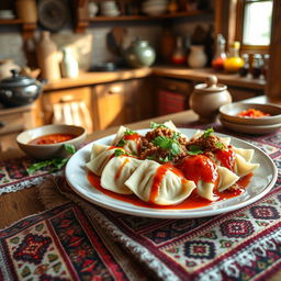 A beautifully arranged plate of traditional Хьингал, featuring delicate dumplings stuffed with savory minced meat, garnished with aromatic herbs and drizzled with rich tomato sauce