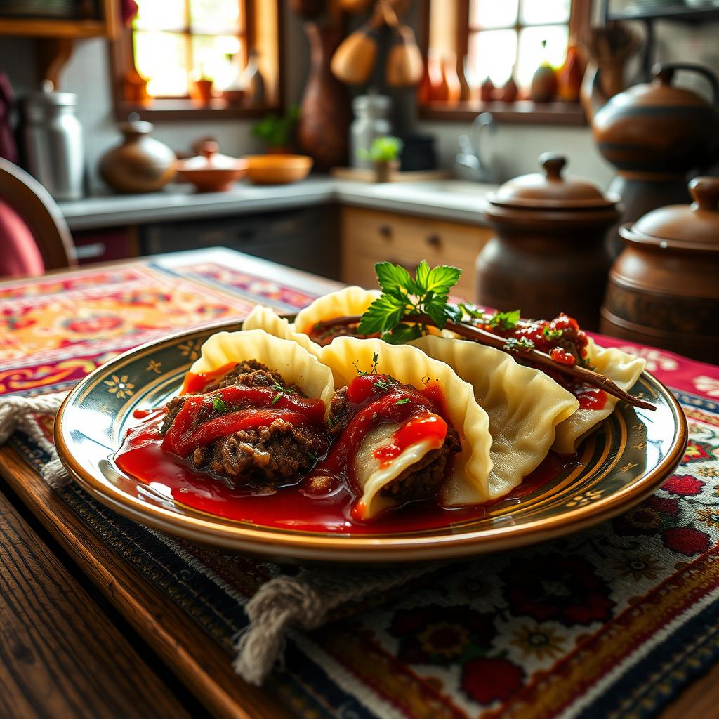A beautifully arranged plate of traditional Хьингал, featuring delicate dumplings stuffed with savory minced meat, garnished with aromatic herbs and drizzled with rich tomato sauce