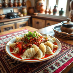A beautifully arranged plate of traditional Хьингал, featuring delicate dumplings stuffed with savory minced meat, garnished with aromatic herbs and drizzled with rich tomato sauce