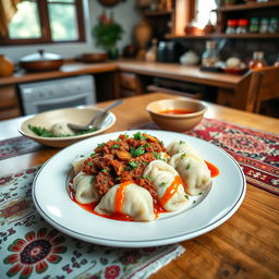 A beautifully arranged plate of traditional Хьингал, featuring delicate dumplings stuffed with savory minced meat, garnished with aromatic herbs and drizzled with rich tomato sauce