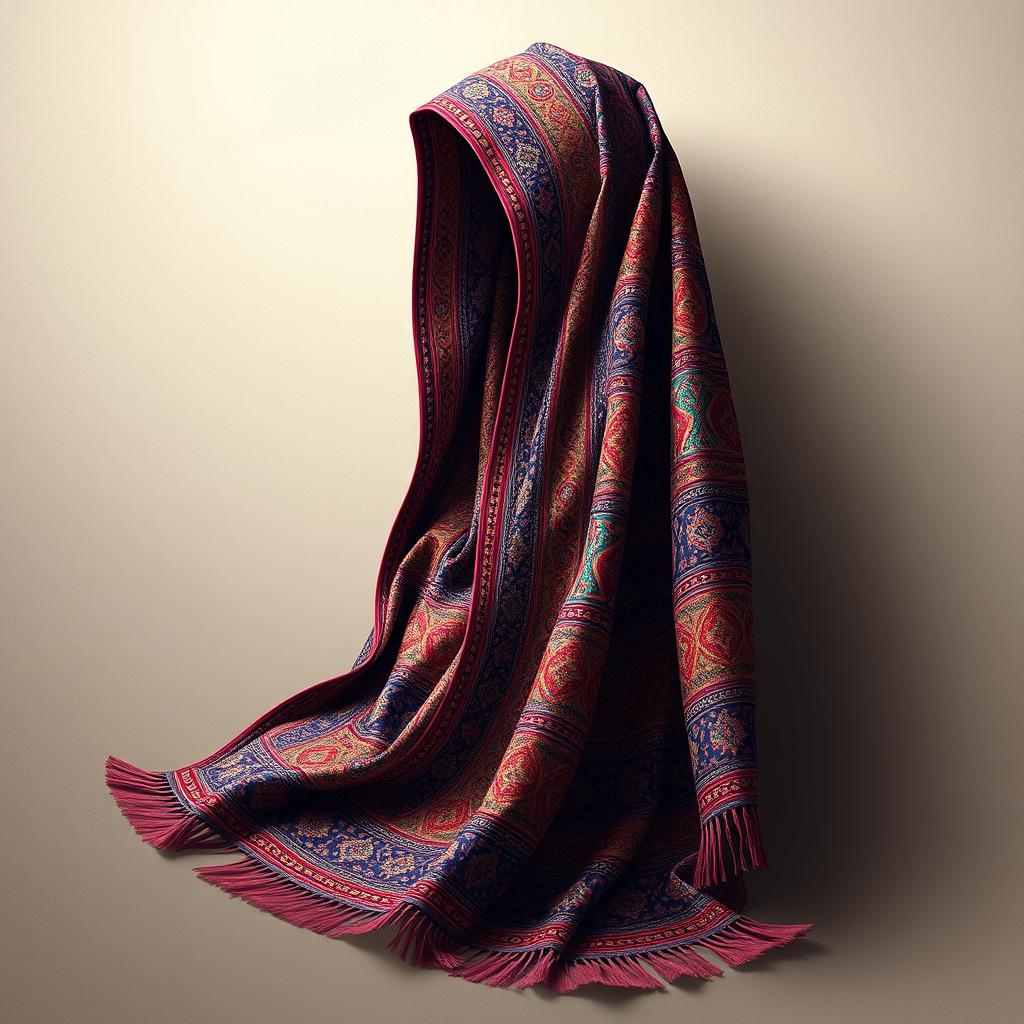 A beautiful and intricate depiction of a traditional Turkmen chador (headscarf) featuring vibrant and detailed patterns that are characteristic of Turkmen art and culture