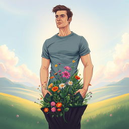 A surreal and striking illustration of a man creatively cut in half at the waist