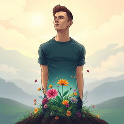 A surreal and striking illustration of a man creatively cut in half at the waist