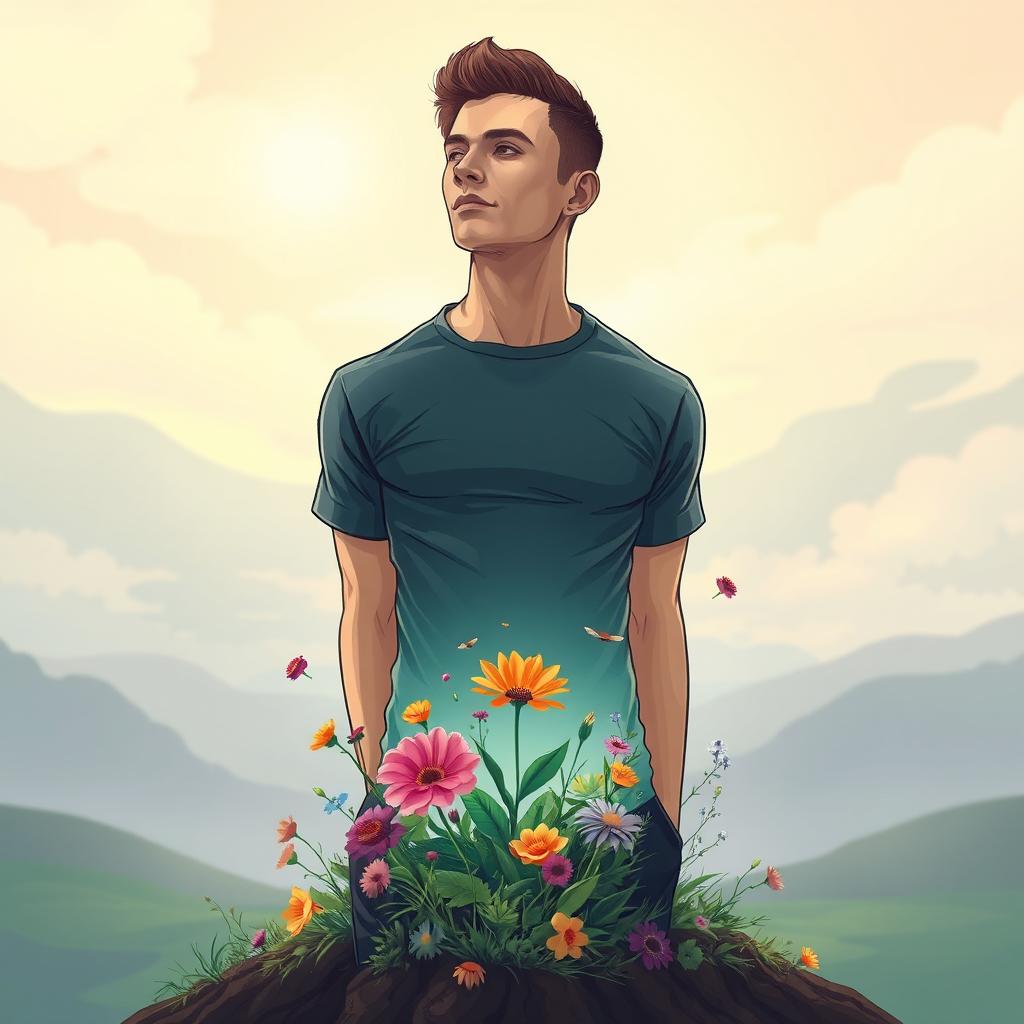 A surreal and striking illustration of a man creatively cut in half at the waist