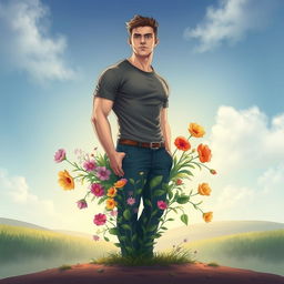 A surreal and striking illustration of a man creatively cut in half at the waist