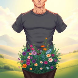 A surreal and striking illustration of a man creatively cut in half at the waist