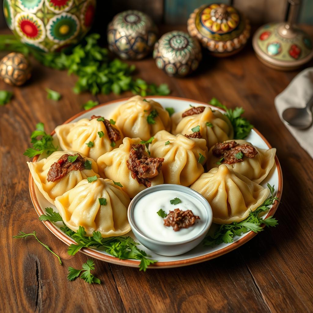 A beautifully arranged plate of khingal, a traditional dish from the Caucasus region