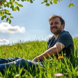 A man casually sitting on a lush, vibrant green grass meadow, surrounded by wildflowers and gentle sunlight filtering through the leaves above