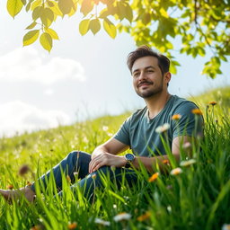 A man casually sitting on a lush, vibrant green grass meadow, surrounded by wildflowers and gentle sunlight filtering through the leaves above
