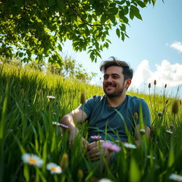 A man casually sitting on a lush, vibrant green grass meadow, surrounded by wildflowers and gentle sunlight filtering through the leaves above
