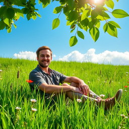 A man casually sitting on a lush, vibrant green grass meadow, surrounded by wildflowers and gentle sunlight filtering through the leaves above