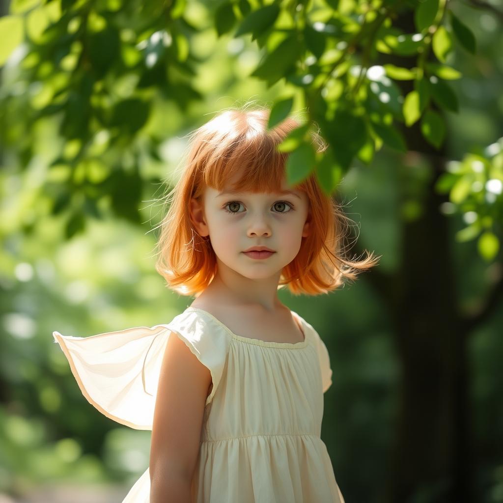 A young girl with vibrant red hair and warm brown eyes, standing alone in an enchanting forest