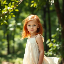 A young girl with vibrant red hair and warm brown eyes, standing alone in an enchanting forest