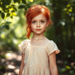 A young girl with vibrant red hair and warm brown eyes, standing alone in an enchanting forest