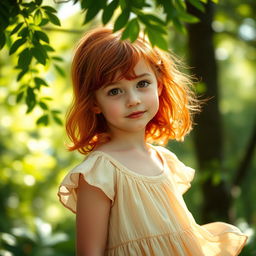 A young girl with vibrant red hair and warm brown eyes, standing alone in an enchanting forest