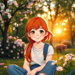 A young redhead girl with brown eyes, sitting alone in a serene park setting