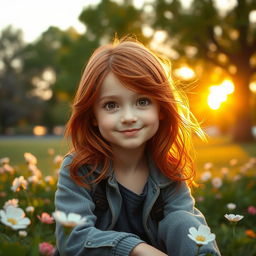 A young redhead girl with brown eyes, sitting alone in a serene park setting
