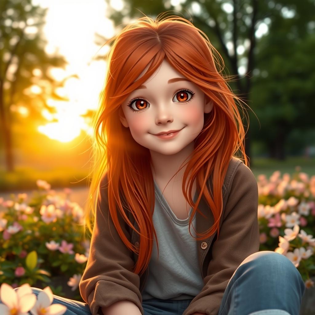 A young redhead girl with brown eyes, sitting alone in a serene park setting
