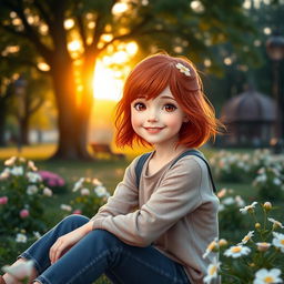 A young redhead girl with brown eyes, sitting alone in a serene park setting