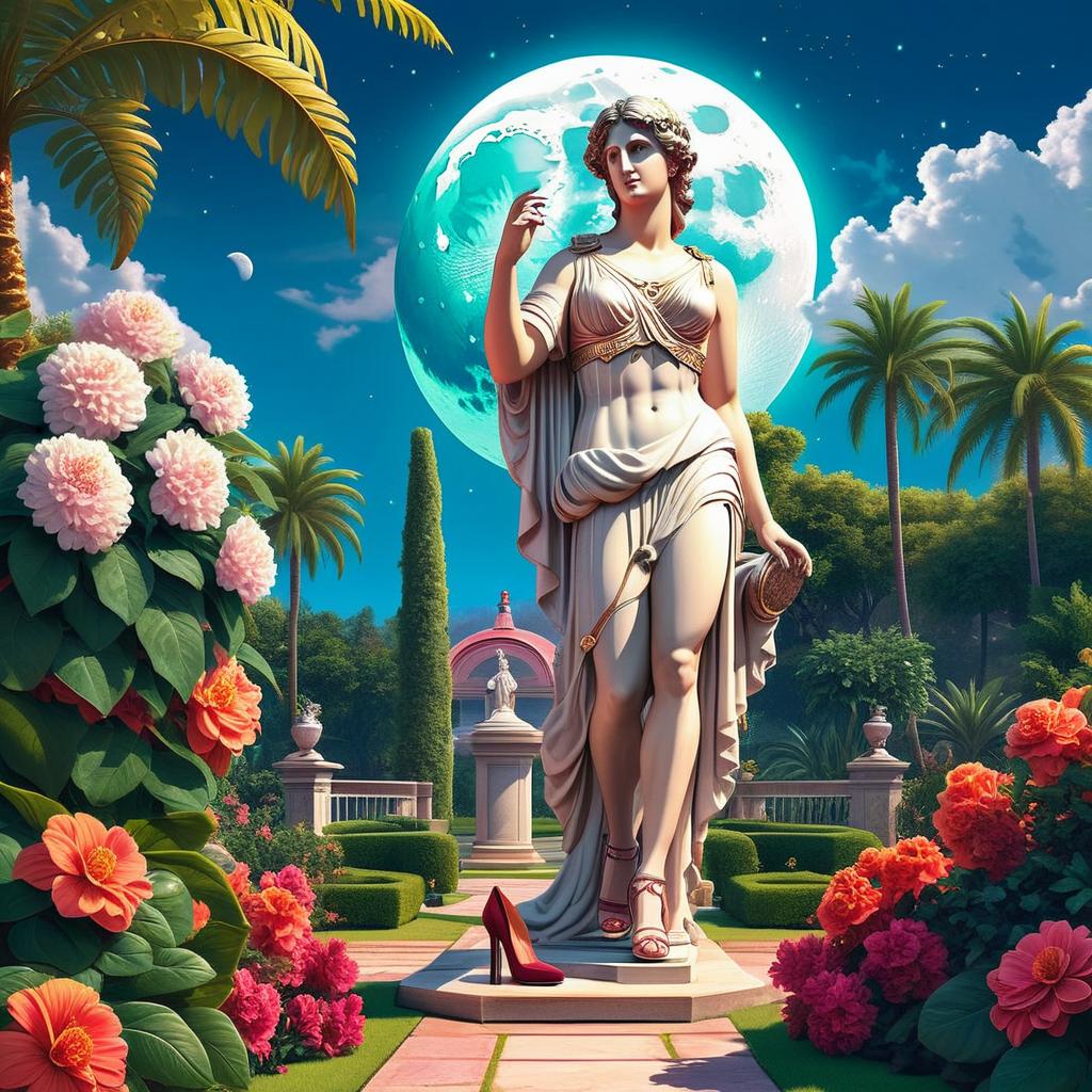 colorful illustration of a large garden statue of a roman goddess in a luxury re